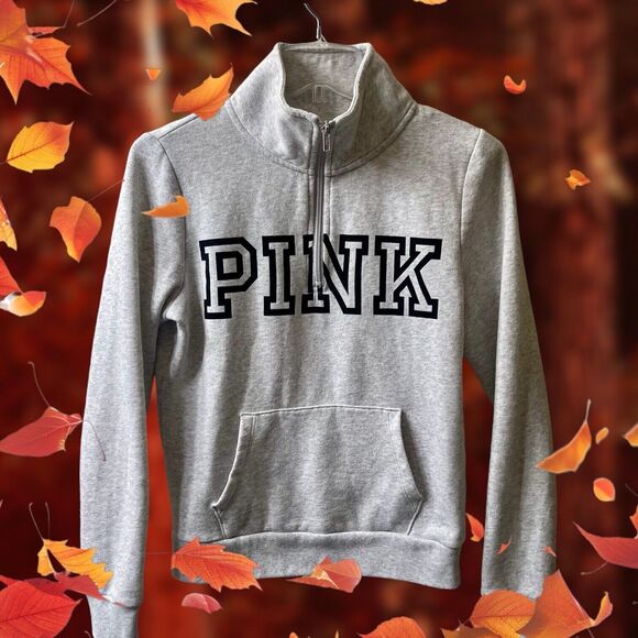 Victoria's Secret PINK Tops - Victoria’s Secret PINK Hoodie GRAY 1/4 Zip Size XS Everyday Classic Logo EUC